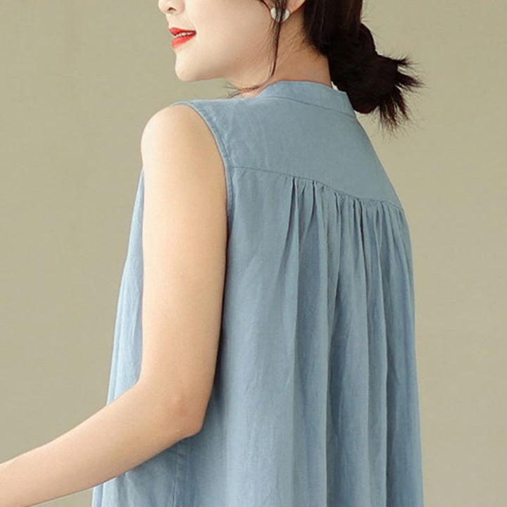 Abito midi in cotone e lino senza maniche, monopetto, con design a pieghe Buddha Stones - image 16