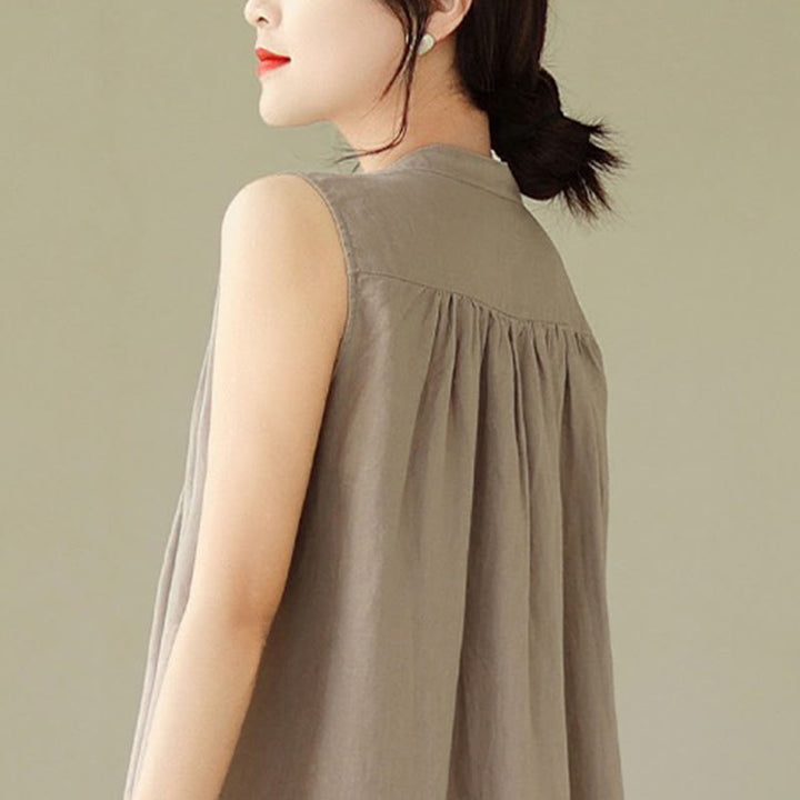 Abito midi in cotone e lino senza maniche, monopetto, con design a pieghe Buddha Stones - image 10