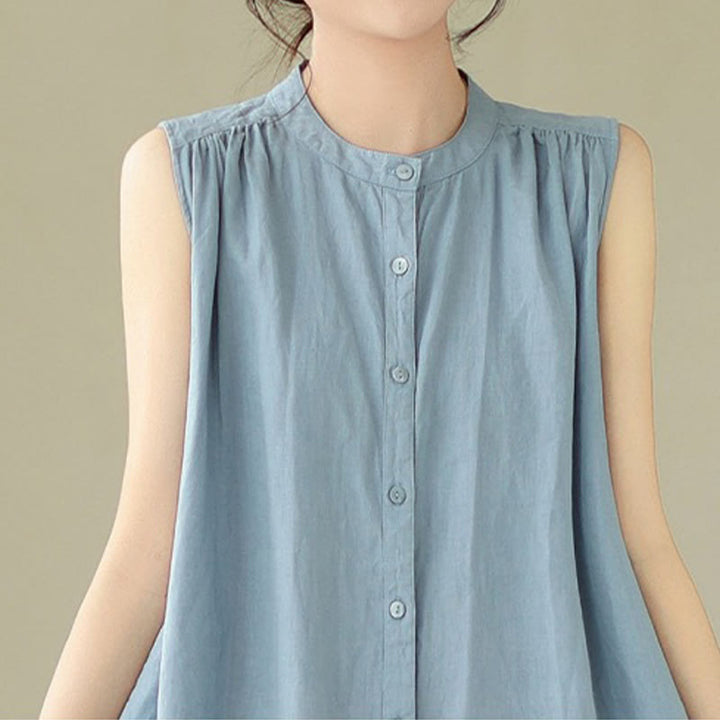 Abito midi in cotone e lino senza maniche, monopetto, con design a pieghe Buddha Stones - image 15