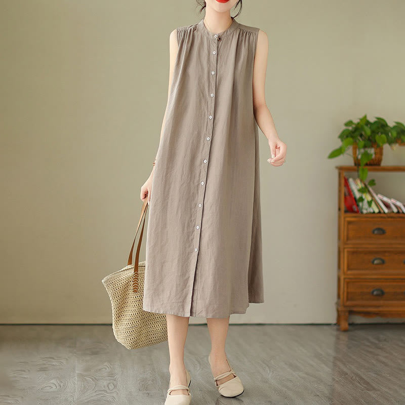 Abito midi in cotone e lino senza maniche, monopetto, con design a pieghe Buddha Stones