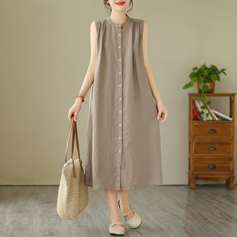 Abito midi in cotone e lino senza maniche, monopetto, con design a pieghe Buddha Stones