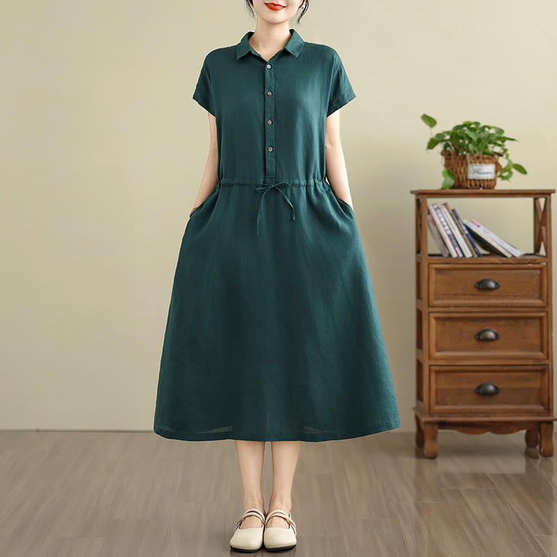 Abito midi in lino e cotone con coulisse, maniche corte, estivo, tinta unita, Buddha Stones, con tasche - image 7