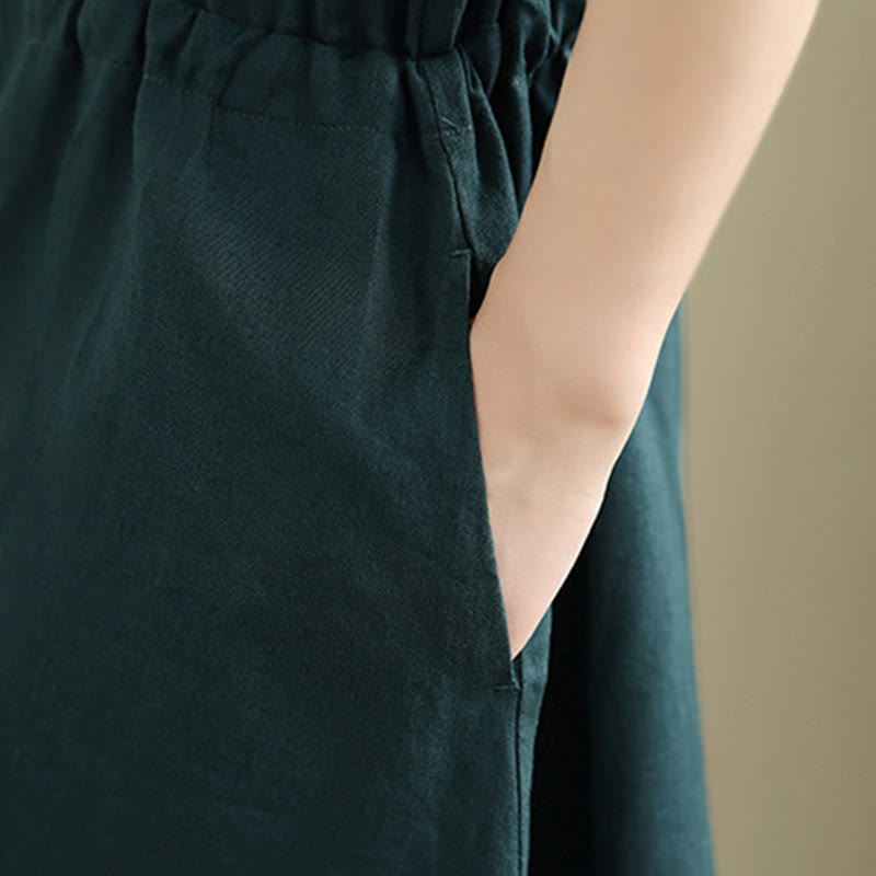 Abito midi in lino e cotone con coulisse, maniche corte, estivo, tinta unita, Buddha Stones, con tasche - image 14