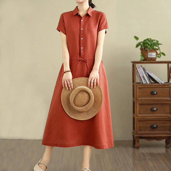 Abito midi in lino e cotone con coulisse, maniche corte, estivo, tinta unita, Buddha Stones, con tasche - Arancione Rosso - US8-10, UK/AU12-14, EU40-42 (2XL) - image 17
