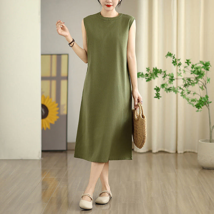Abito midi in cotone e lino senza maniche, casual, tinta unita, con bottoni sul retro, con tasche, Buddha Stones - Verde oliva - US8-10, UK/AU12-14, EU40-42 (2XL) - image 0