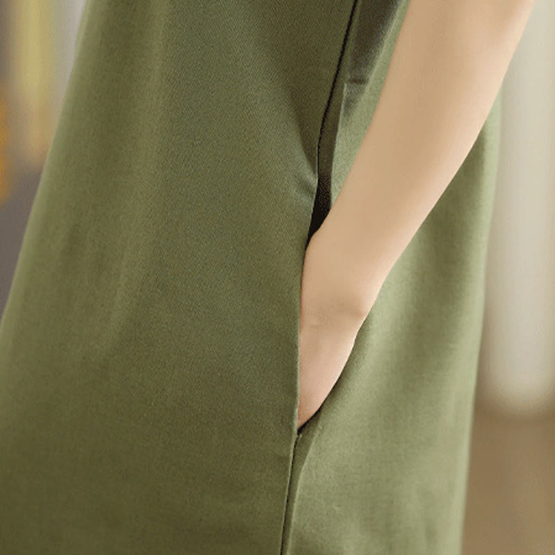 Abito midi in cotone e lino senza maniche, casual, tinta unita, con bottoni sul retro, con tasche, Buddha Stones - image 8