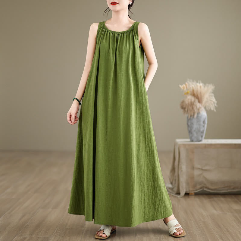 Abito midi in cotone con scollo rotondo, senza maniche, casual, estivo, a pieghe, con tasche, modello Buddha Stones - Verde lime - US8-10, UK/AU12-14, EU40-42 (2XL) - image 1