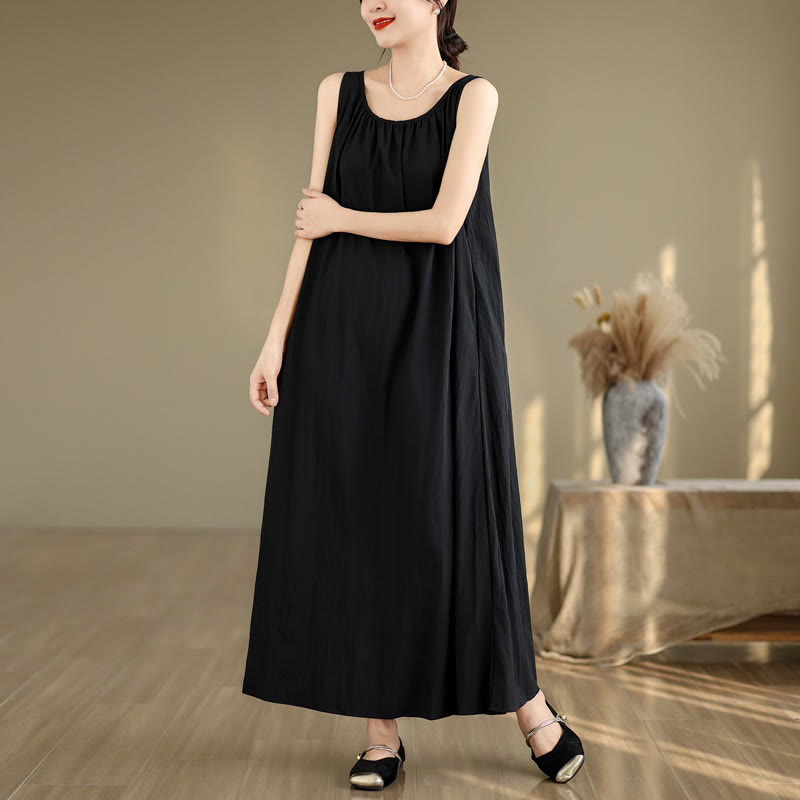 Abito midi in cotone con scollo rotondo, senza maniche, casual, estivo, a pieghe, con tasche, modello Buddha Stones - image 16
