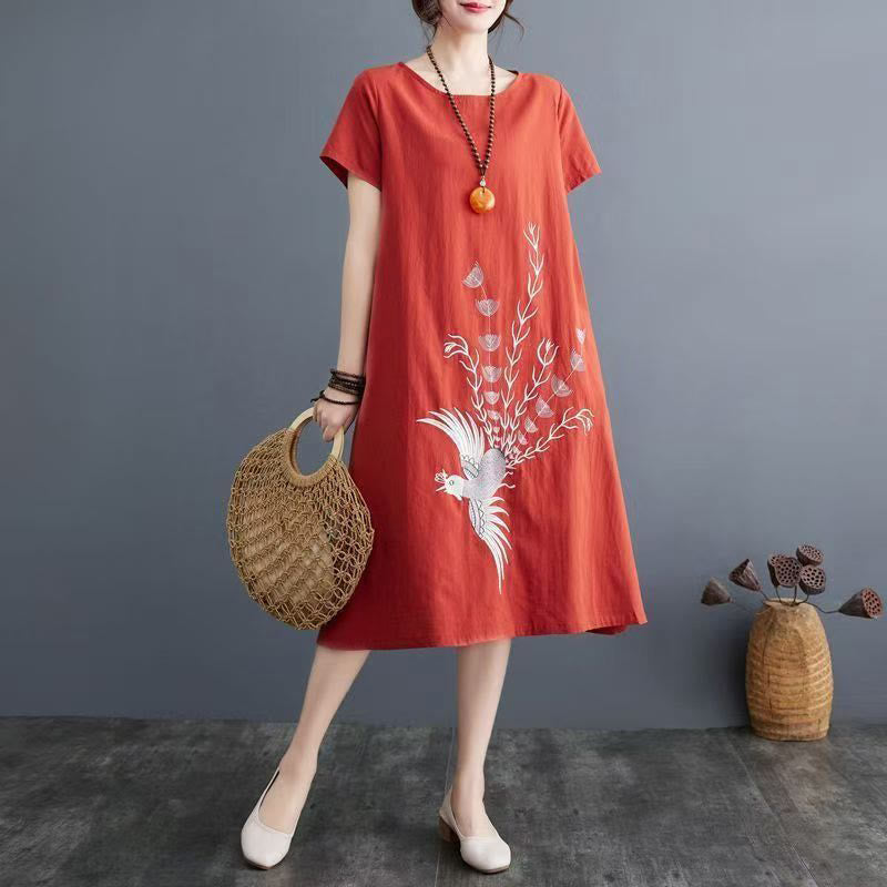 Abito midi in cotone e lino a maniche corte con stampa estiva vintage Buddha Stones - Arancione Rosso - US14, UK/AU18, EU46 (4XL) - image 0