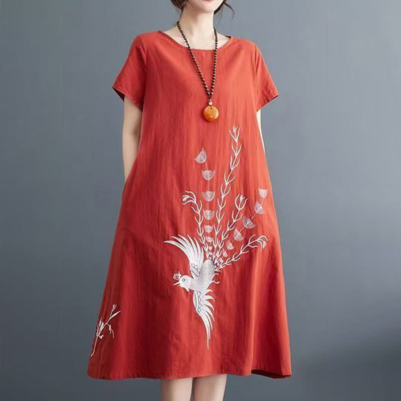 Abito midi in cotone e lino a maniche corte con stampa estiva vintage Buddha Stones - image 1