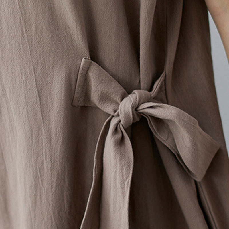 Abito midi casual in cotone e lino con maniche corte, allacciatura laterale e tasche, Buddha Stones - image 9