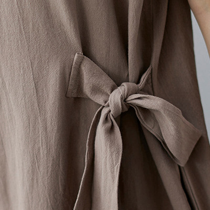 Abito midi casual in cotone e lino con maniche corte, allacciatura laterale e tasche, Buddha Stones - image 9