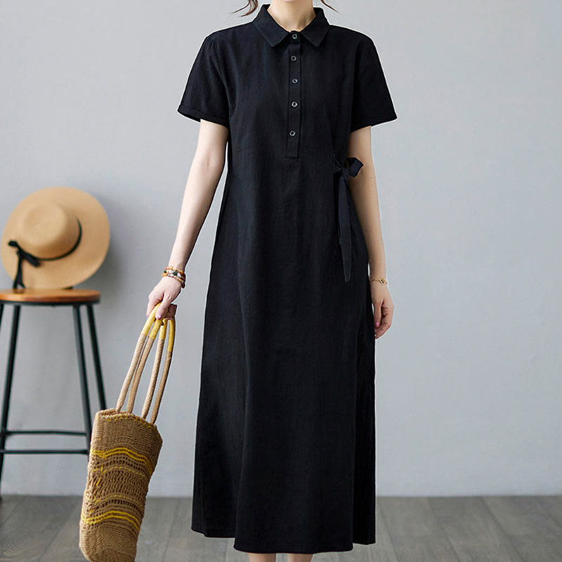 Abito midi casual in cotone e lino con maniche corte, allacciatura laterale e tasche, Buddha Stones - image 15