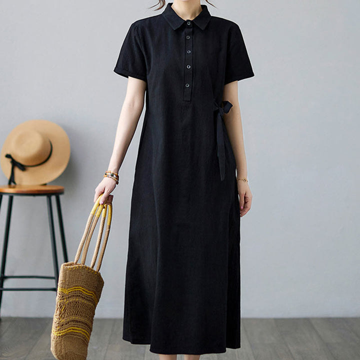 Abito midi casual in cotone e lino con maniche corte, allacciatura laterale e tasche, Buddha Stones - image 15