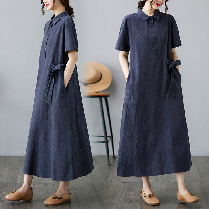 Abito midi casual in cotone e lino con maniche corte, allacciatura laterale e tasche, Buddha Stones - Blu notte - US8-10, UK/AU12-14, EU40-42 (2XL) - image 19