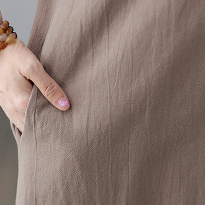 Abito midi casual in cotone e lino con maniche corte, allacciatura laterale e tasche, Buddha Stones - image 11