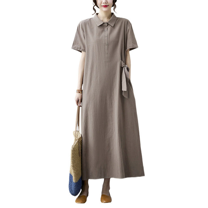 Abito midi casual in cotone e lino con maniche corte, allacciatura laterale e tasche, Buddha Stones - image 12