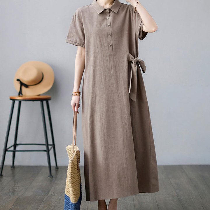 Abito midi casual in cotone e lino con maniche corte, allacciatura laterale e tasche, Buddha Stones - DarkKhaki - US8-10, UK/AU12-14, EU40-42 (2XL) - image 0