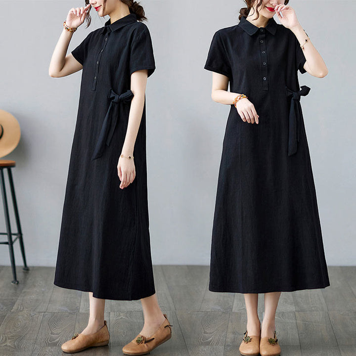 Abito midi casual in cotone e lino con maniche corte, allacciatura laterale e tasche, Buddha Stones - Nero - US8-10, UK/AU12-14, EU40-42 (2XL) - image 13