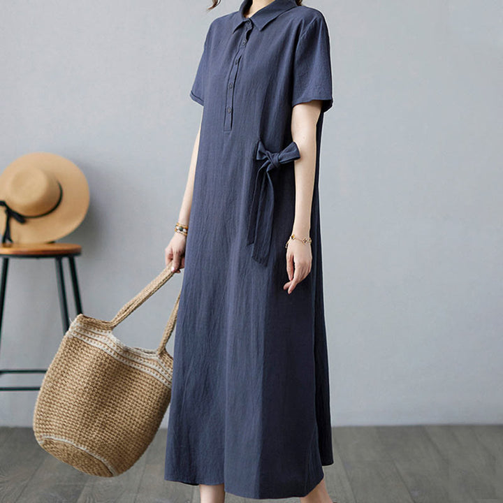 Abito midi casual in cotone e lino con maniche corte, allacciatura laterale e tasche, Buddha Stones - image 25