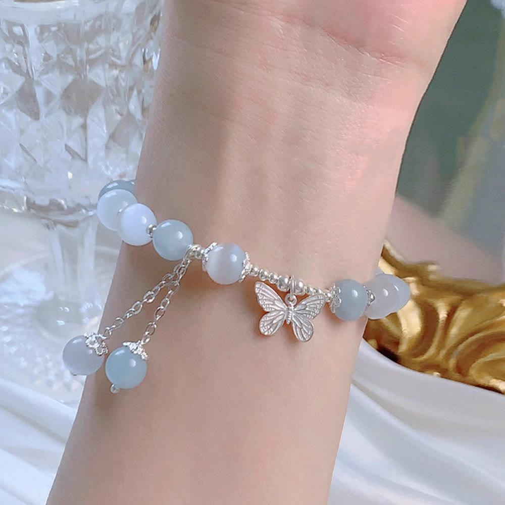 Bracciale di supporto con ciondolo a farfalla in acquamarina con occhio di gatto Buddha Stones