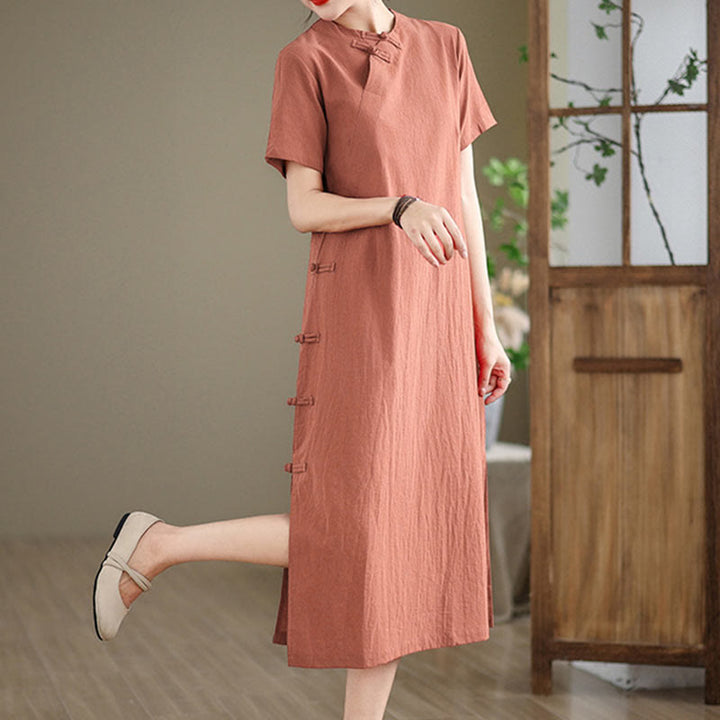 Abito midi cheongsam qipao con bottoni a rana, stile vintage estivo, in stile cinese , Buddha Stones