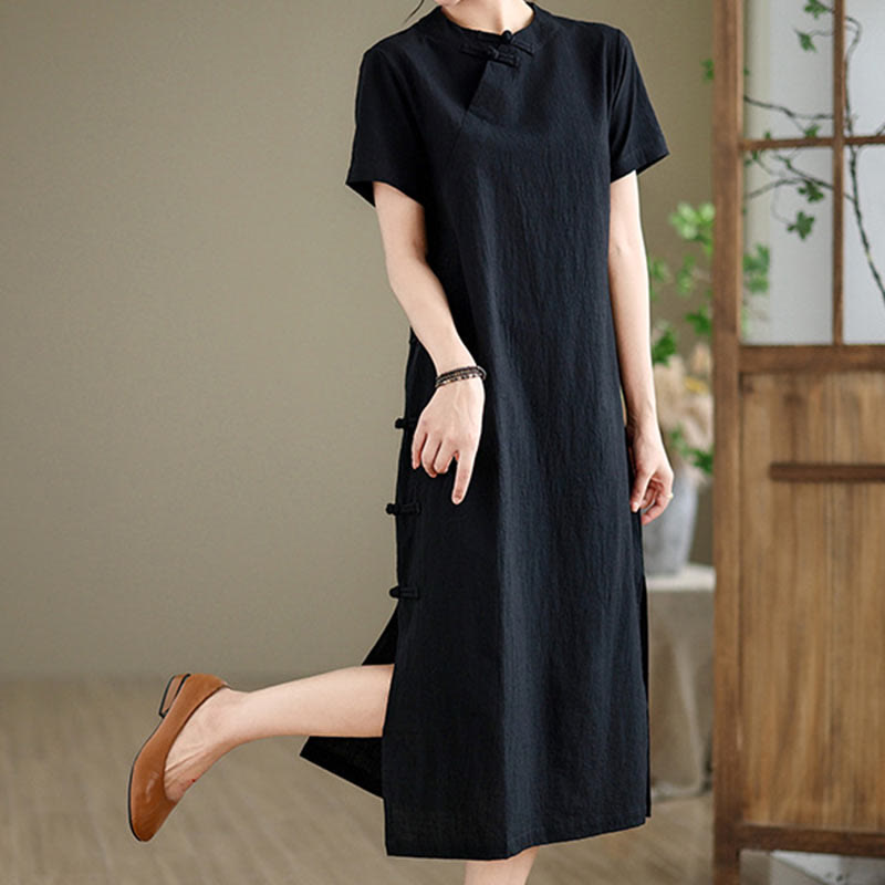 Abito midi cheongsam qipao con bottoni a rana, stile vintage estivo, in stile cinese , Buddha Stones