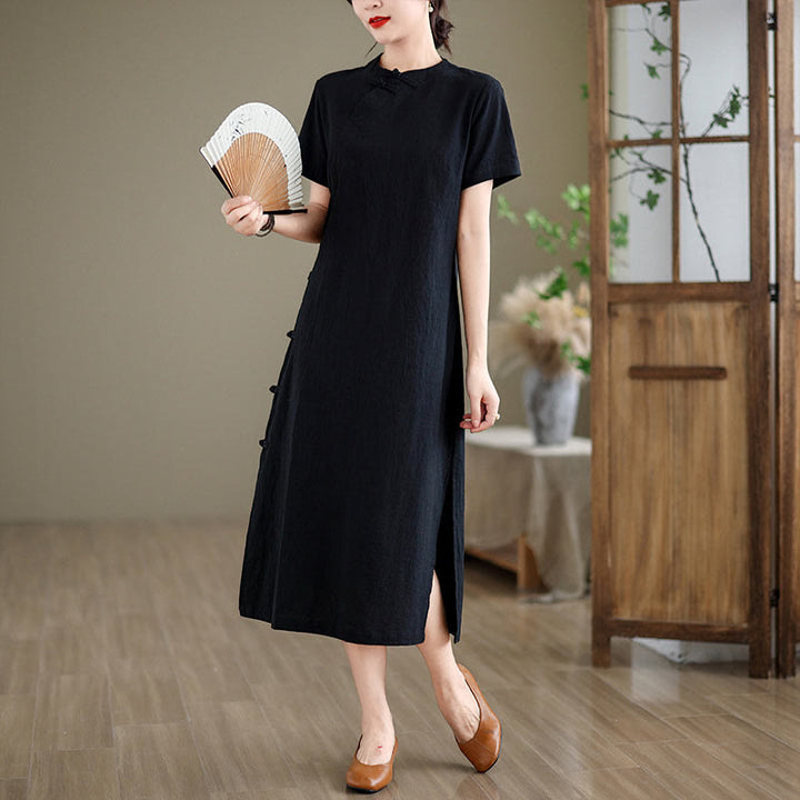 Abito midi cheongsam qipao con bottoni a rana, stile vintage estivo, in stile cinese , Buddha Stones - Nero - US8-10, UK/AU12-14, EU40-42 (2XL) - image 12