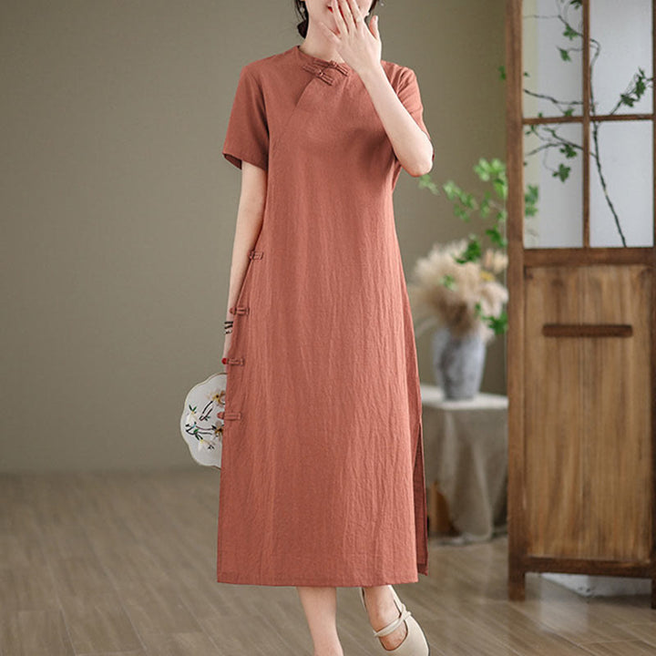 Abito midi cheongsam qipao con bottoni a rana, stile vintage estivo, in stile cinese , Buddha Stones