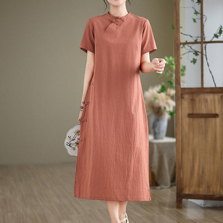 Abito midi cheongsam qipao con bottoni a rana, stile vintage estivo, in stile cinese , Buddha Stones - Salmone Scuro - US8-10, UK/AU12-14, EU40-42 (2XL) - image 0