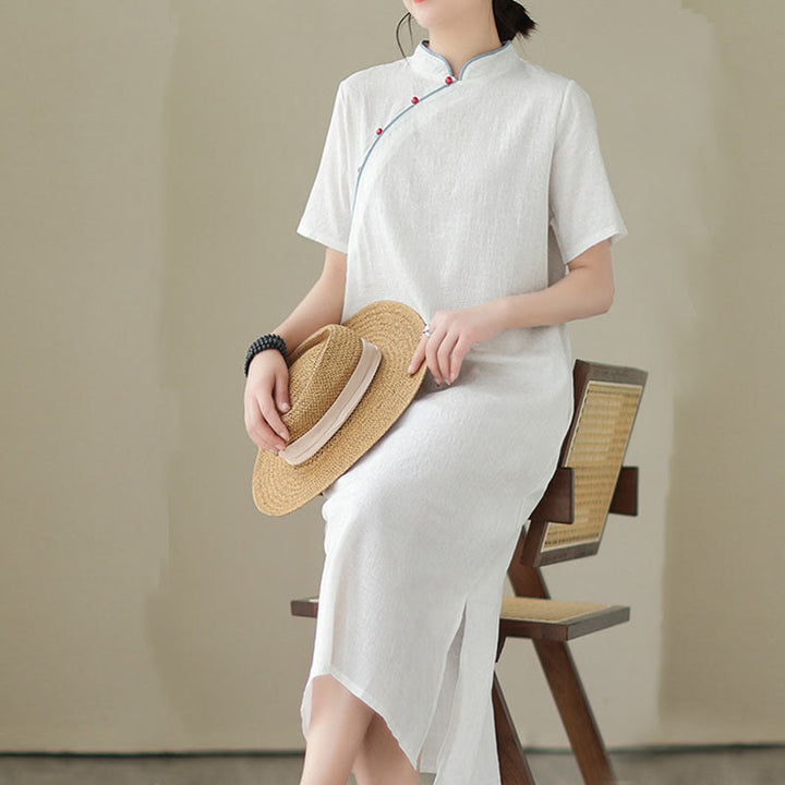 Abito midi cheongsam qipao a maniche corte in cotone e lino jacquard tinta unita con tasche e Buddha Stones - image 18