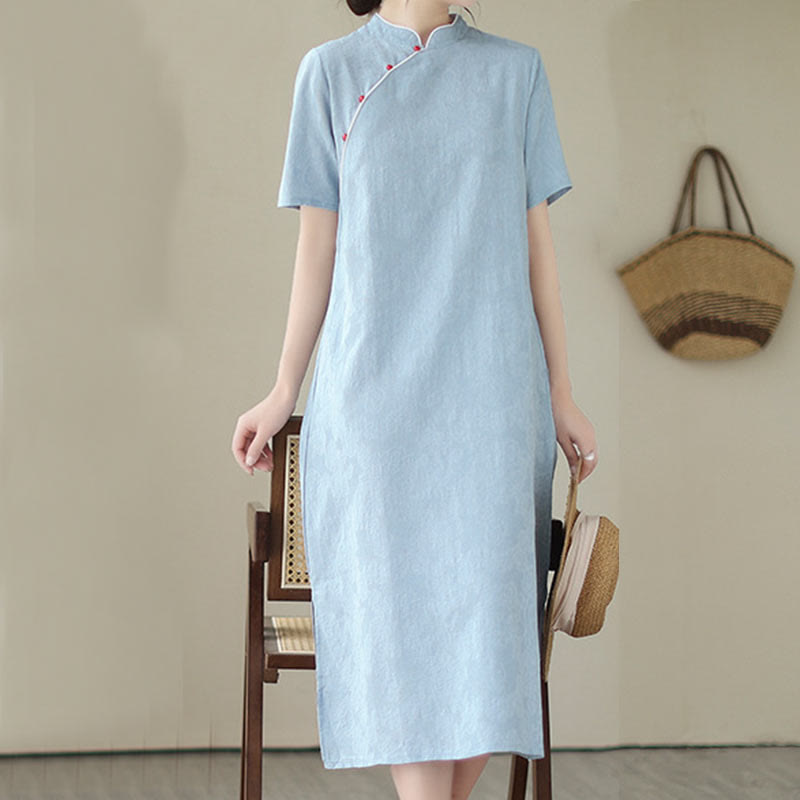 Abito midi cheongsam qipao a maniche corte in cotone e lino jacquard tinta unita con tasche e Buddha Stones - image 4