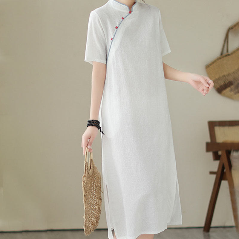 Abito midi cinese in cotone e lino, stile cheongsam, con tasche, in jacquard vintage, tinta unita, Buddha Stones - Bianco - US8-10, UK/AU12-14, EU40-42 (2XL) - image 13