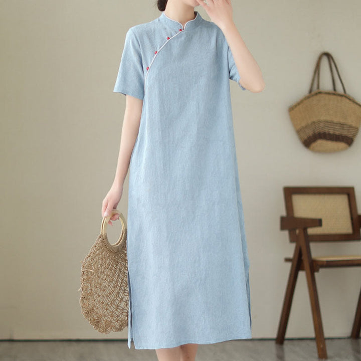 Abito midi cinese in cotone e lino, stile cheongsam, con tasche, in jacquard vintage, tinta unita, Buddha Stones - AzzurroCielo Chiaro - US8-10, UK/AU12-14, EU40-42 (2XL) - image 0