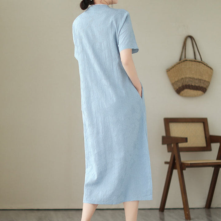 Abito midi cheongsam qipao a maniche corte in cotone e lino jacquard tinta unita con tasche e Buddha Stones - image 2