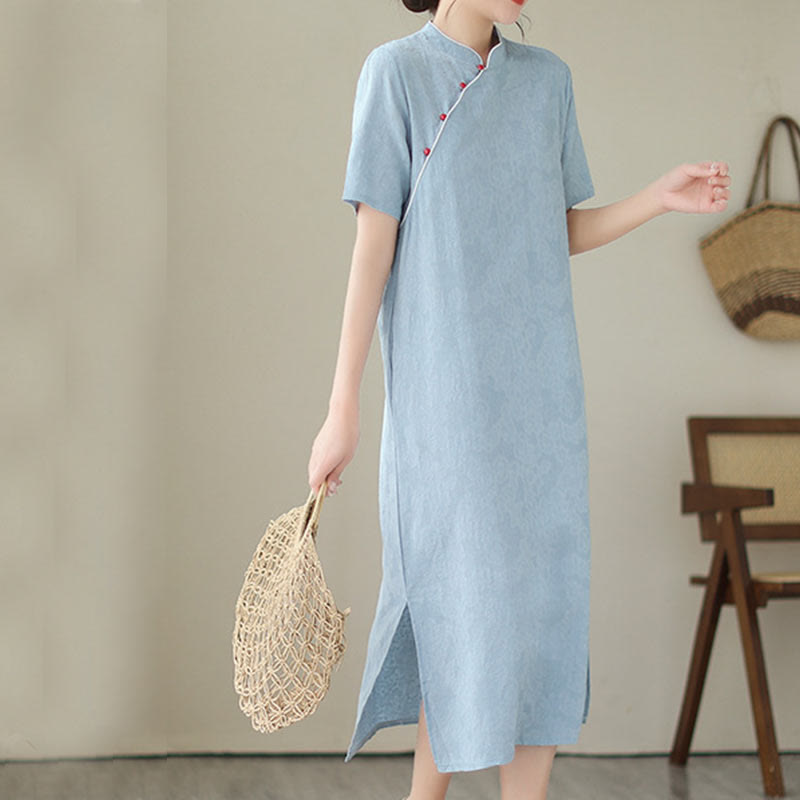 Abito midi cinese in cotone e lino, stile cheongsam, con tasche, in jacquard vintage, tinta unita, Buddha Stones - image 3