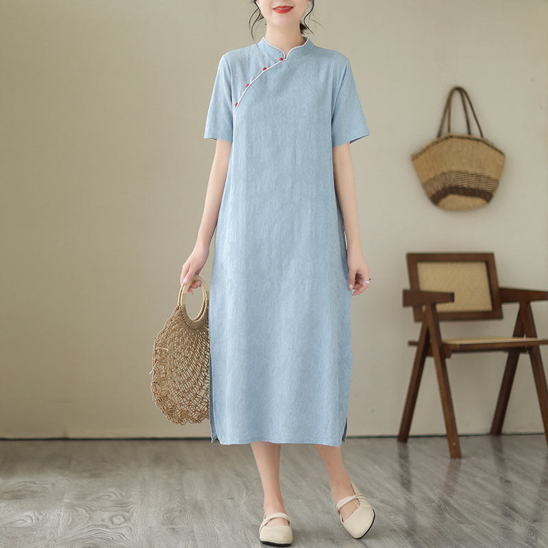 Abito midi cinese in cotone e lino, stile cheongsam, con tasche, in jacquard vintage, tinta unita, Buddha Stones - image 1