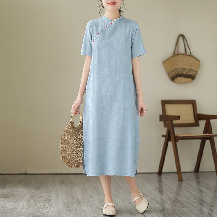 Abito midi cinese in cotone e lino, stile cheongsam, con tasche, in jacquard vintage, tinta unita, Buddha Stones - image 1