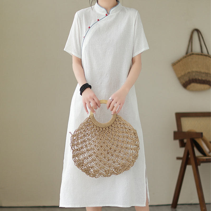 Abito midi cinese in cotone e lino, stile cheongsam, con tasche, in jacquard vintage, tinta unita, Buddha Stones - image 14