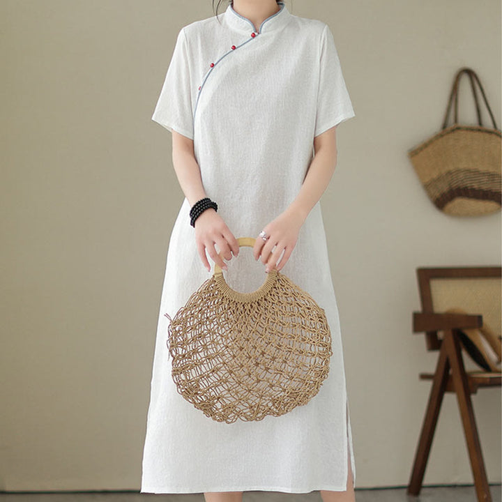 Abito midi cheongsam qipao a maniche corte in cotone e lino jacquard tinta unita con tasche e Buddha Stones - image 14