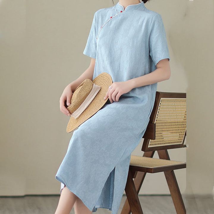 Abito midi cinese in cotone e lino, stile cheongsam, con tasche, in jacquard vintage, tinta unita, Buddha Stones - image 5