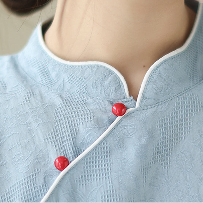 Abito midi cheongsam qipao a maniche corte in cotone e lino jacquard tinta unita con tasche e Buddha Stones - image 6