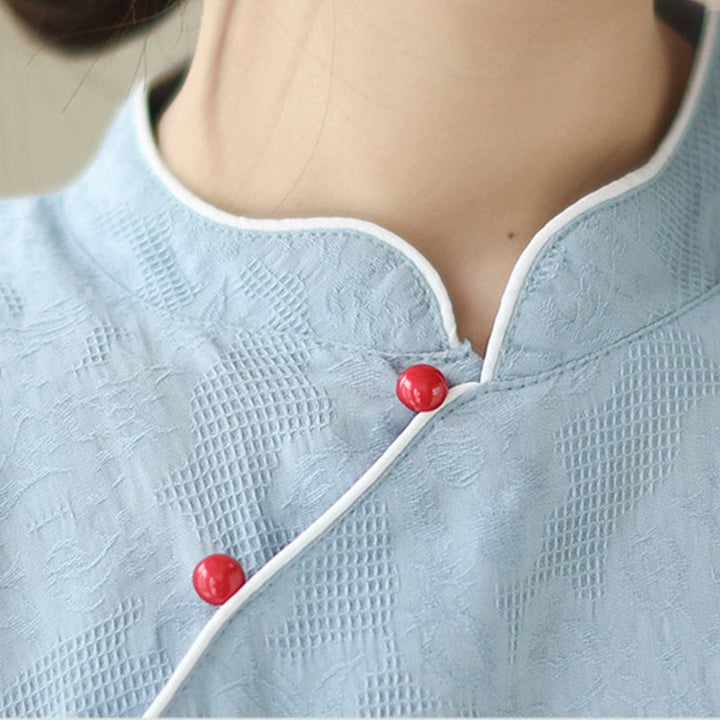 Abito midi cheongsam qipao a maniche corte in cotone e lino jacquard tinta unita con tasche e Buddha Stones - image 6