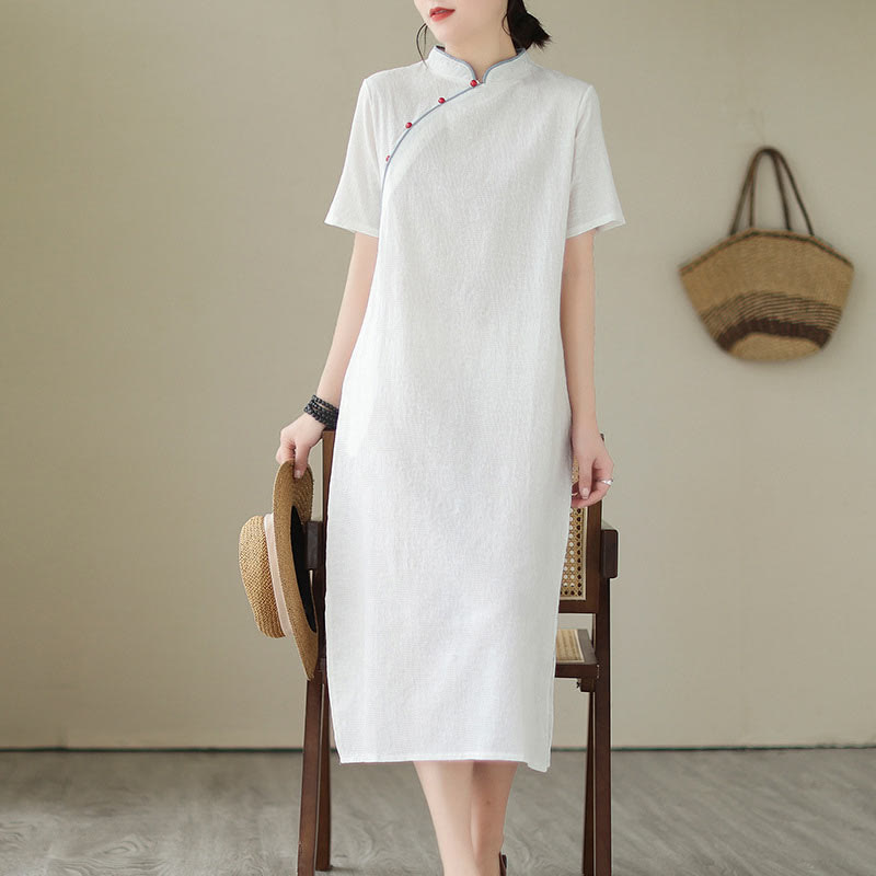 Abito midi cinese in cotone e lino, stile cheongsam, con tasche, in jacquard vintage, tinta unita, Buddha Stones - image 17