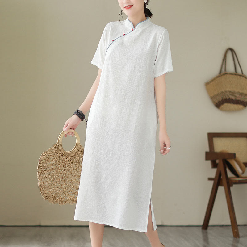 Abito midi cinese in cotone e lino, stile cheongsam, con tasche, in jacquard vintage, tinta unita, Buddha Stones - image 16