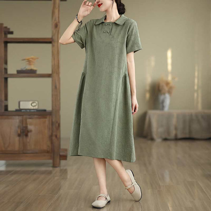Abito midi in lino e cotone con maniche corte, tasche e revers in jacquard tinta unita Buddha Stones - Verde mare medio - US8-10, UK/AU12-14, EU40-42 (2XL) - image 5