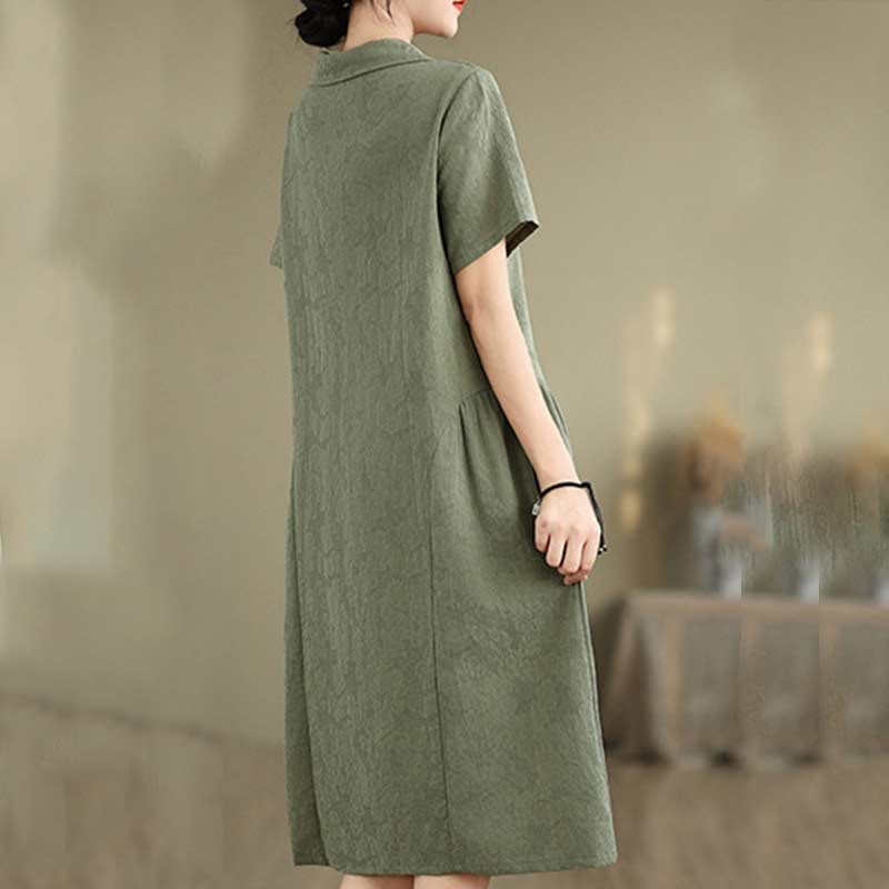 Abito midi in lino e cotone con maniche corte, tasche e revers in jacquard tinta unita Buddha Stones - image 8