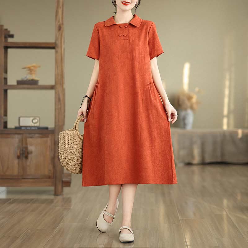 Abito midi casual in lino e cotone con tasche, in jacquard con revers , Buddha Stones - Arancione Rosso - US8-10, UK/AU12-14, EU40-42 (2XL) - image 11