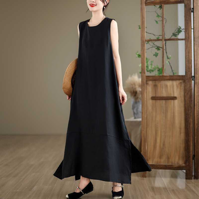 Abito midi in cotone e lino senza maniche, casual, primaverile, semplice e irregolare, con tasche, Buddha Stones - image 11