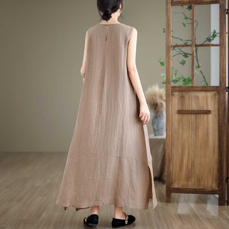 Abito midi in lino e cotone senza maniche con tasche, motivo Buddha Stones Spring Plain Irregular - image 3